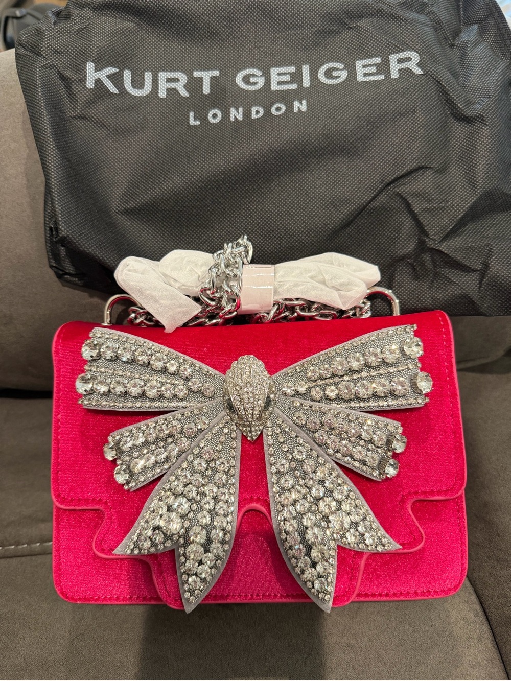 Kurt Geiger Hot Pink Velvet Shoulder Bag with Crystal Bow